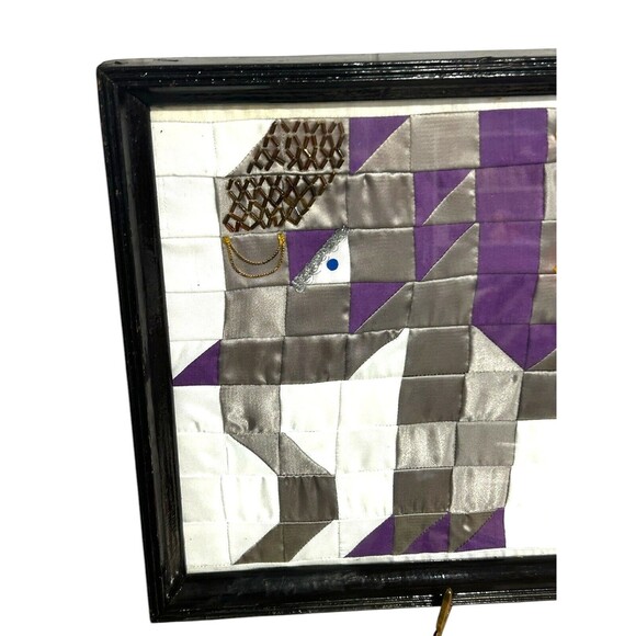 Vtg Satin Half Square Triangle Elephant Embellished Framed Textile Art - Picture 2 of 10